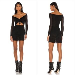 H:OURS Eclair Black Ruched Mesh Cutout Mini Dress Long Sleeve Womens Medium EUC